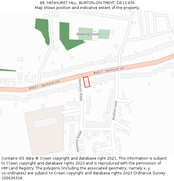 98, HENHURST HILL, BURTON-ON-TRENT, DE13 9TA: Location map and indicative extent of plot
