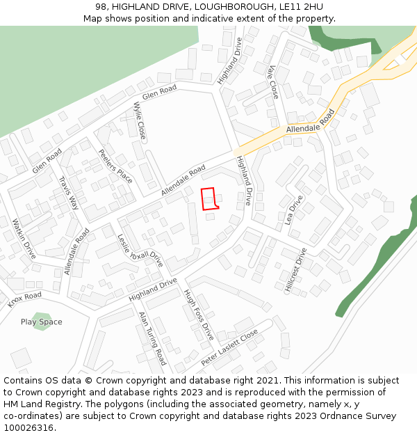 98, HIGHLAND DRIVE, LOUGHBOROUGH, LE11 2HU: Location map and indicative extent of plot