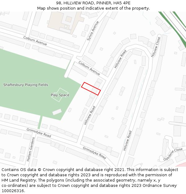 98, HILLVIEW ROAD, PINNER, HA5 4PE: Location map and indicative extent of plot