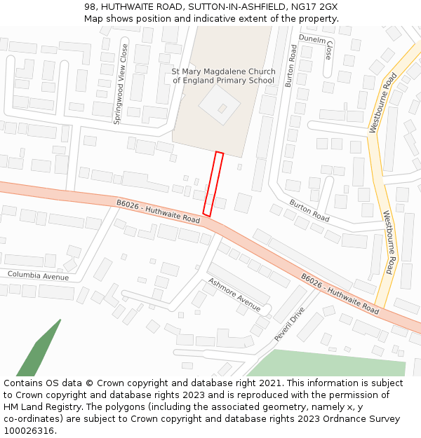 98, HUTHWAITE ROAD, SUTTON-IN-ASHFIELD, NG17 2GX: Location map and indicative extent of plot