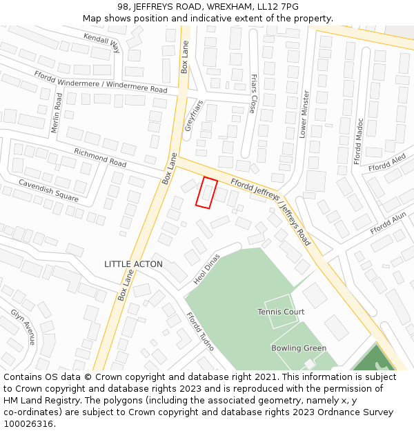 98, JEFFREYS ROAD, WREXHAM, LL12 7PG: Location map and indicative extent of plot