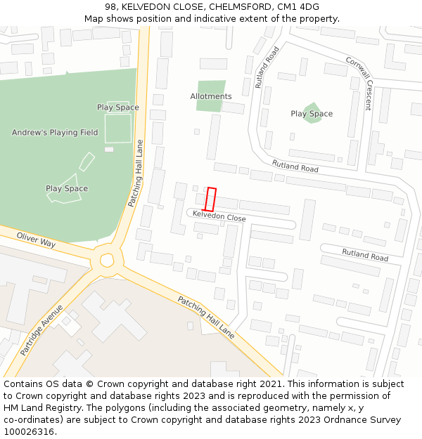 98, KELVEDON CLOSE, CHELMSFORD, CM1 4DG: Location map and indicative extent of plot