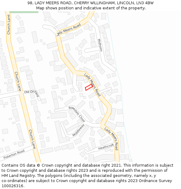 98, LADY MEERS ROAD, CHERRY WILLINGHAM, LINCOLN, LN3 4BW: Location map and indicative extent of plot