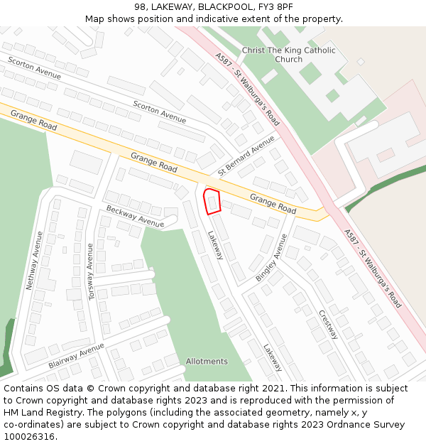 98, LAKEWAY, BLACKPOOL, FY3 8PF: Location map and indicative extent of plot