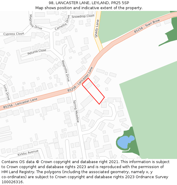 98, LANCASTER LANE, LEYLAND, PR25 5SP: Location map and indicative extent of plot