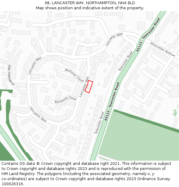 98, LANCASTER WAY, NORTHAMPTON, NN4 8LD: Location map and indicative extent of plot