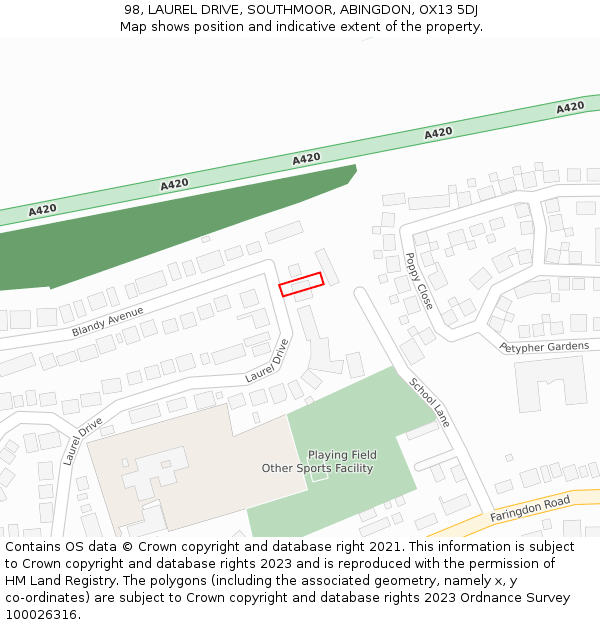 98, LAUREL DRIVE, SOUTHMOOR, ABINGDON, OX13 5DJ: Location map and indicative extent of plot