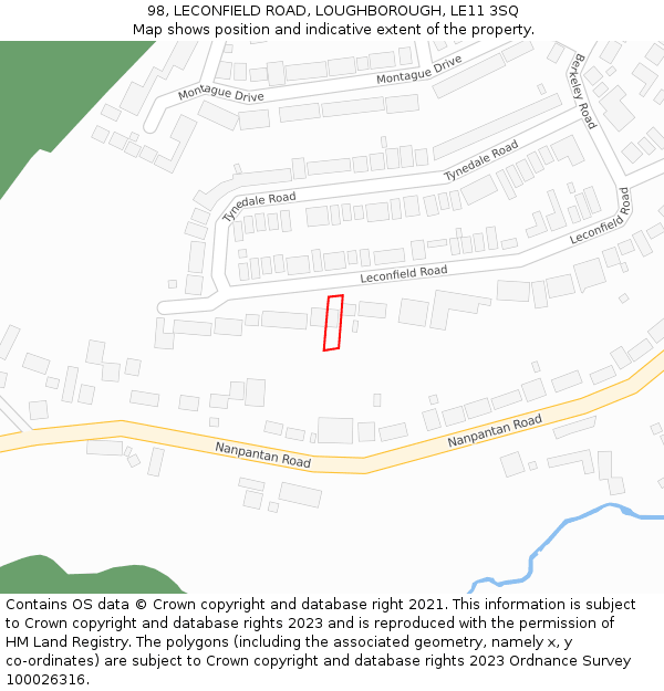 98, LECONFIELD ROAD, LOUGHBOROUGH, LE11 3SQ: Location map and indicative extent of plot