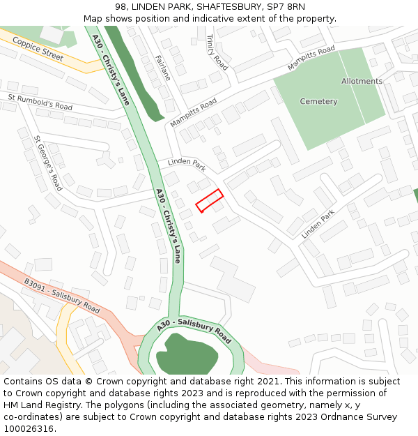 98, LINDEN PARK, SHAFTESBURY, SP7 8RN: Location map and indicative extent of plot