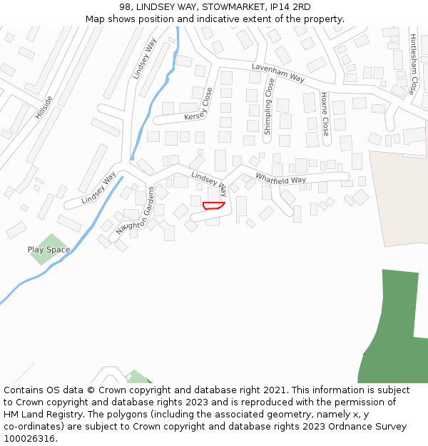 98, LINDSEY WAY, STOWMARKET, IP14 2RD: Location map and indicative extent of plot