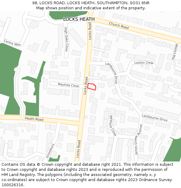 98, LOCKS ROAD, LOCKS HEATH, SOUTHAMPTON, SO31 6NR: Location map and indicative extent of plot
