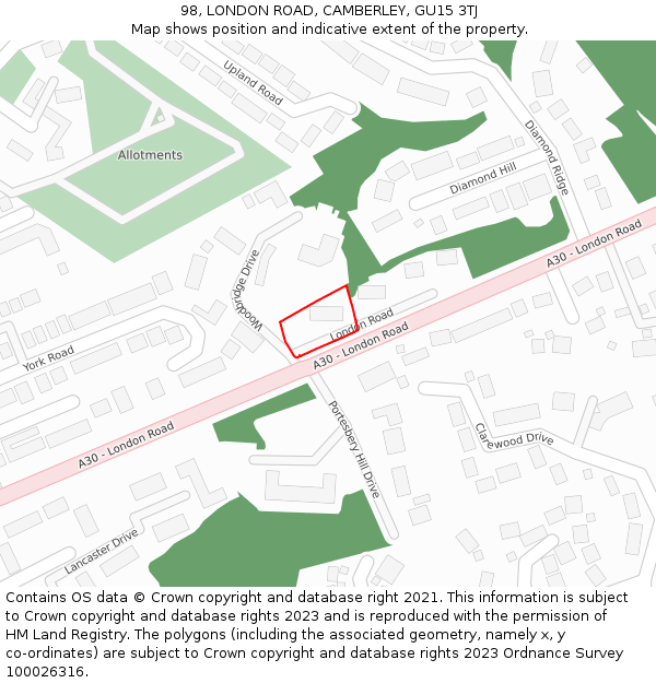 98, LONDON ROAD, CAMBERLEY, GU15 3TJ: Location map and indicative extent of plot