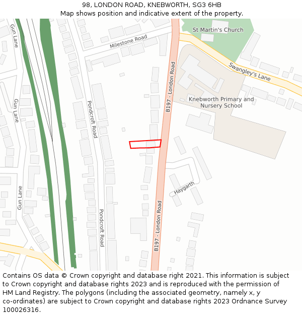 98, LONDON ROAD, KNEBWORTH, SG3 6HB: Location map and indicative extent of plot