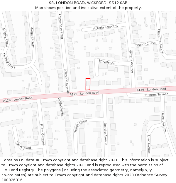 98, LONDON ROAD, WICKFORD, SS12 0AR: Location map and indicative extent of plot