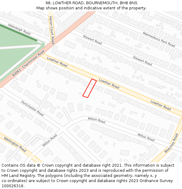 98, LOWTHER ROAD, BOURNEMOUTH, BH8 8NS: Location map and indicative extent of plot