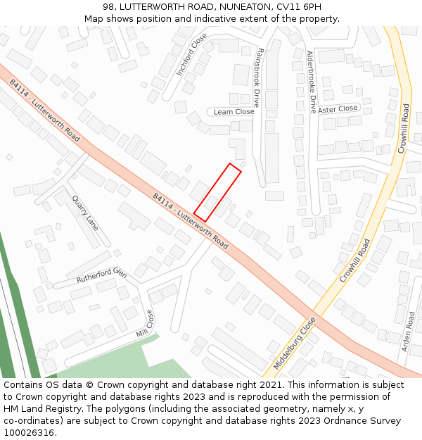 98, LUTTERWORTH ROAD, NUNEATON, CV11 6PH: Location map and indicative extent of plot