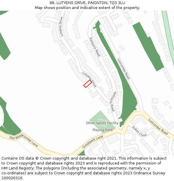 98, LUTYENS DRIVE, PAIGNTON, TQ3 3LU: Location map and indicative extent of plot