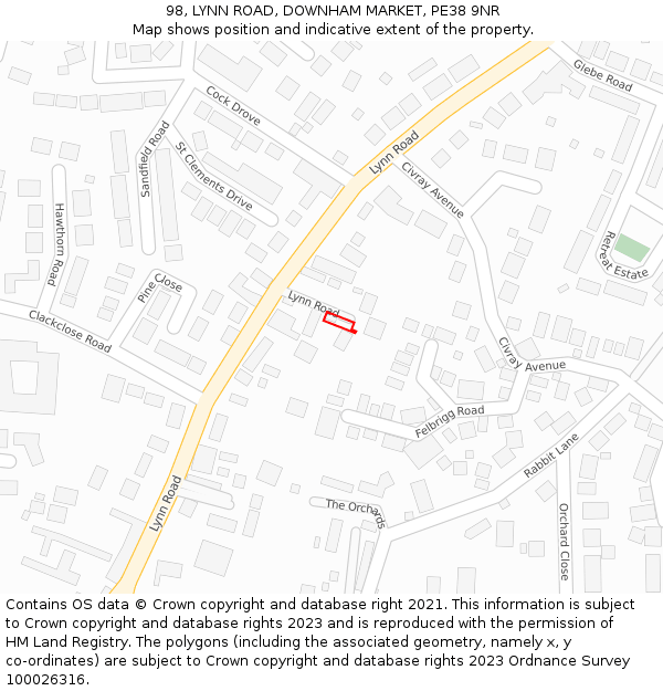 98, LYNN ROAD, DOWNHAM MARKET, PE38 9NR: Location map and indicative extent of plot