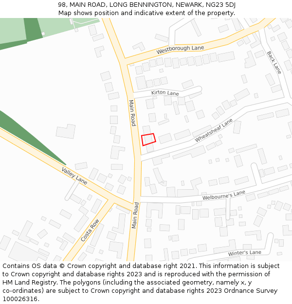 98, MAIN ROAD, LONG BENNINGTON, NEWARK, NG23 5DJ: Location map and indicative extent of plot