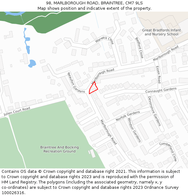 98, MARLBOROUGH ROAD, BRAINTREE, CM7 9LS: Location map and indicative extent of plot