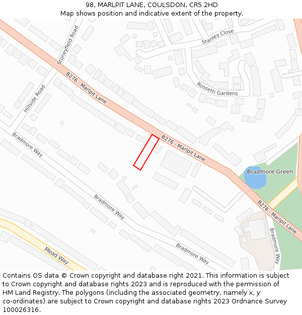 98, MARLPIT LANE, COULSDON, CR5 2HD: Location map and indicative extent of plot