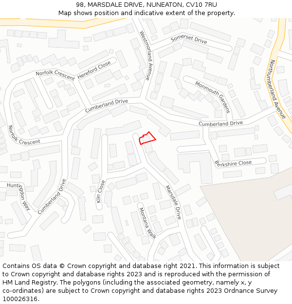 98, MARSDALE DRIVE, NUNEATON, CV10 7RU: Location map and indicative extent of plot