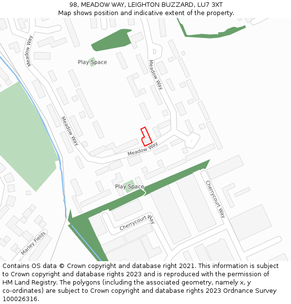 98, MEADOW WAY, LEIGHTON BUZZARD, LU7 3XT: Location map and indicative extent of plot