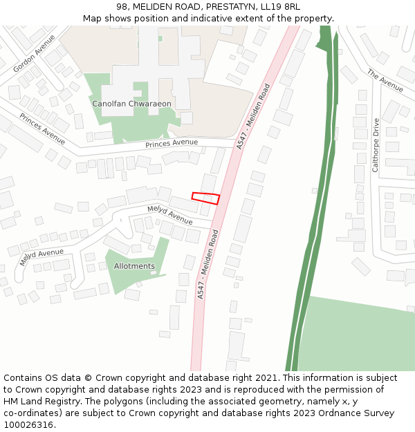 98, MELIDEN ROAD, PRESTATYN, LL19 8RL: Location map and indicative extent of plot