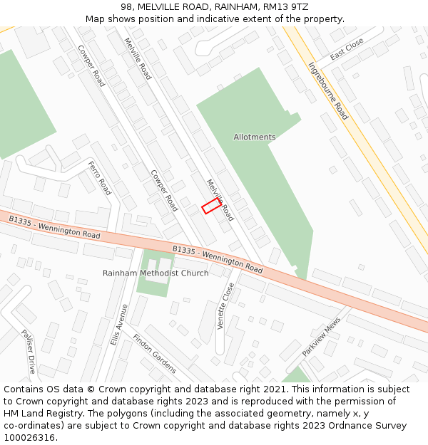 98, MELVILLE ROAD, RAINHAM, RM13 9TZ: Location map and indicative extent of plot