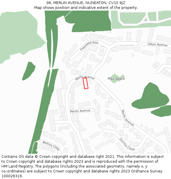 98, MERLIN AVENUE, NUNEATON, CV10 9JZ: Location map and indicative extent of plot