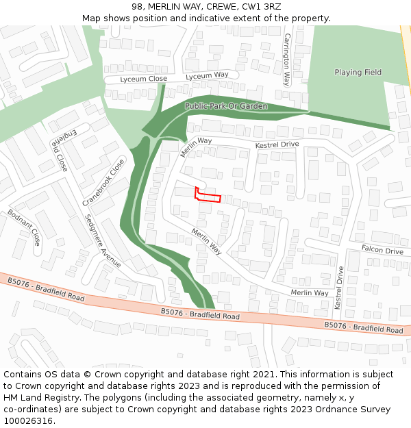 98, MERLIN WAY, CREWE, CW1 3RZ: Location map and indicative extent of plot