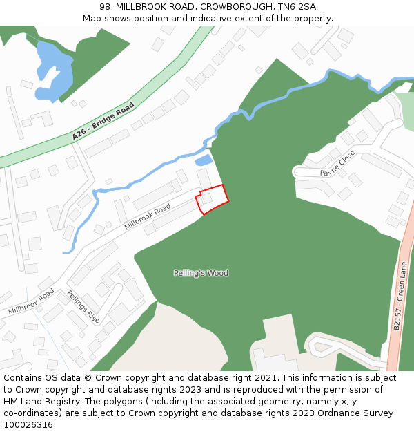 98, MILLBROOK ROAD, CROWBOROUGH, TN6 2SA: Location map and indicative extent of plot