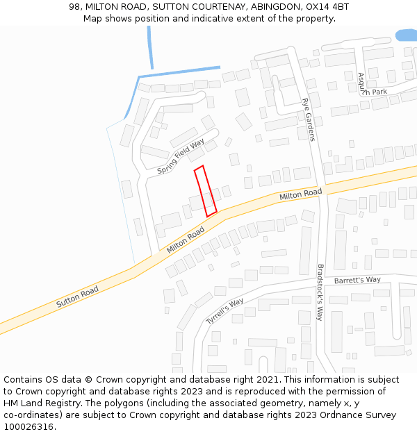 98, MILTON ROAD, SUTTON COURTENAY, ABINGDON, OX14 4BT: Location map and indicative extent of plot
