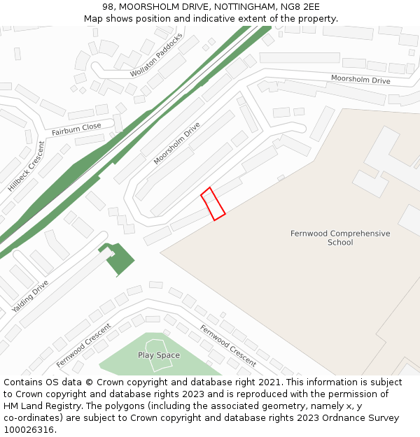 98, MOORSHOLM DRIVE, NOTTINGHAM, NG8 2EE: Location map and indicative extent of plot