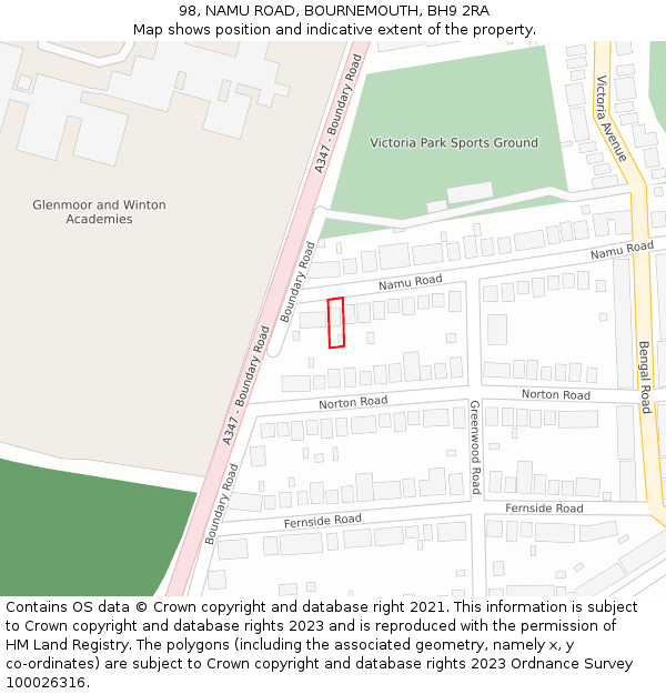 98, NAMU ROAD, BOURNEMOUTH, BH9 2RA: Location map and indicative extent of plot