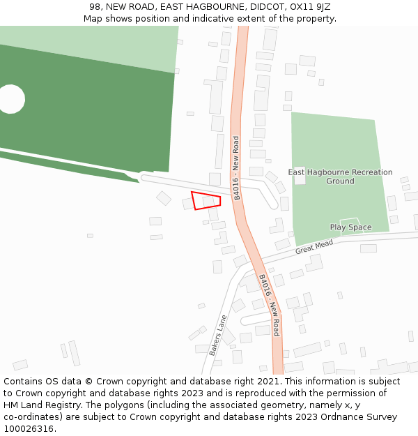 98, NEW ROAD, EAST HAGBOURNE, DIDCOT, OX11 9JZ: Location map and indicative extent of plot