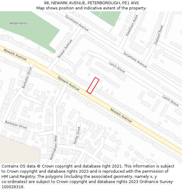 98, NEWARK AVENUE, PETERBOROUGH, PE1 4NS: Location map and indicative extent of plot