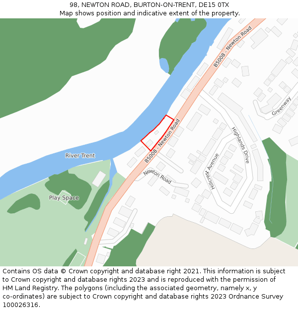 98, NEWTON ROAD, BURTON-ON-TRENT, DE15 0TX: Location map and indicative extent of plot