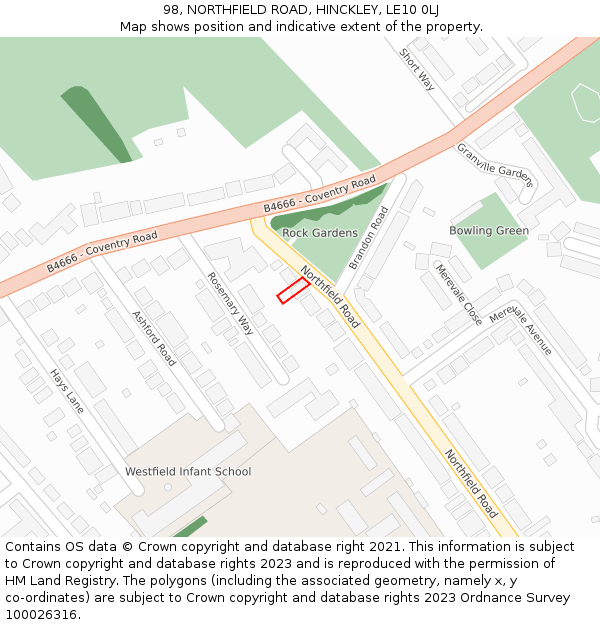 98, NORTHFIELD ROAD, HINCKLEY, LE10 0LJ: Location map and indicative extent of plot