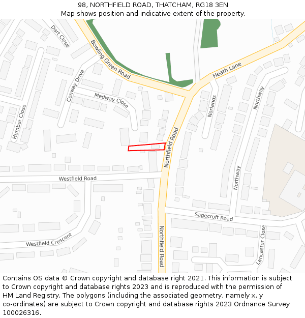 98, NORTHFIELD ROAD, THATCHAM, RG18 3EN: Location map and indicative extent of plot