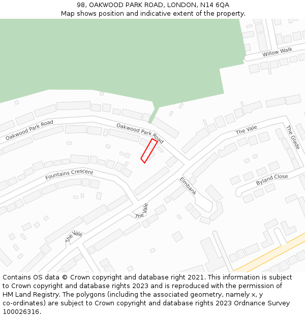 98, OAKWOOD PARK ROAD, LONDON, N14 6QA: Location map and indicative extent of plot