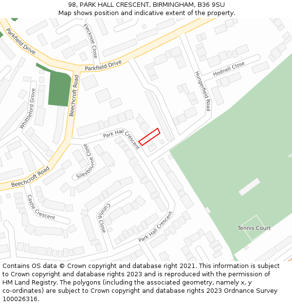 98, PARK HALL CRESCENT, BIRMINGHAM, B36 9SU: Location map and indicative extent of plot