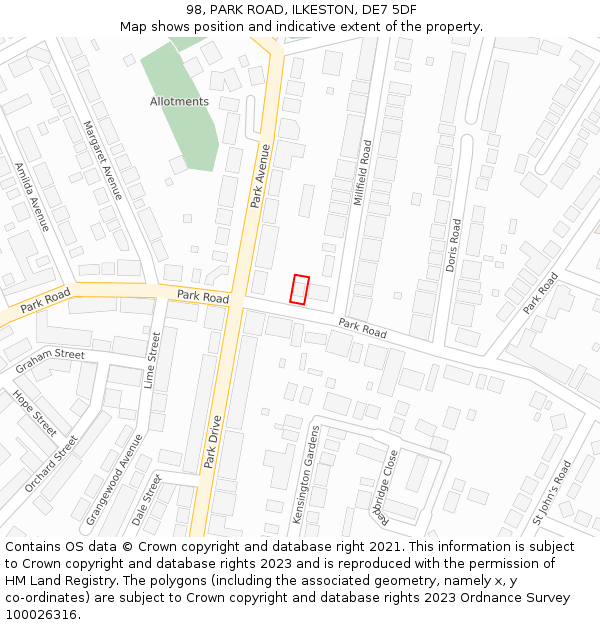 98, PARK ROAD, ILKESTON, DE7 5DF: Location map and indicative extent of plot