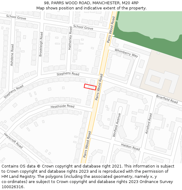 98, PARRS WOOD ROAD, MANCHESTER, M20 4RP: Location map and indicative extent of plot