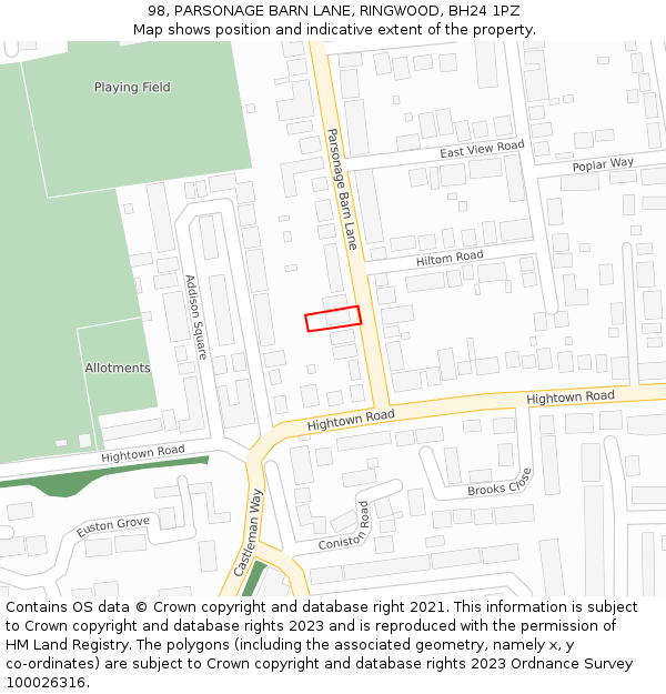 98, PARSONAGE BARN LANE, RINGWOOD, BH24 1PZ: Location map and indicative extent of plot