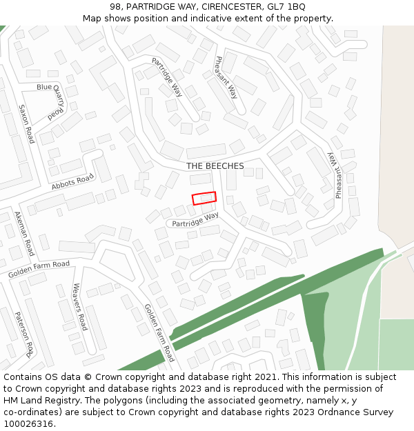 98, PARTRIDGE WAY, CIRENCESTER, GL7 1BQ: Location map and indicative extent of plot