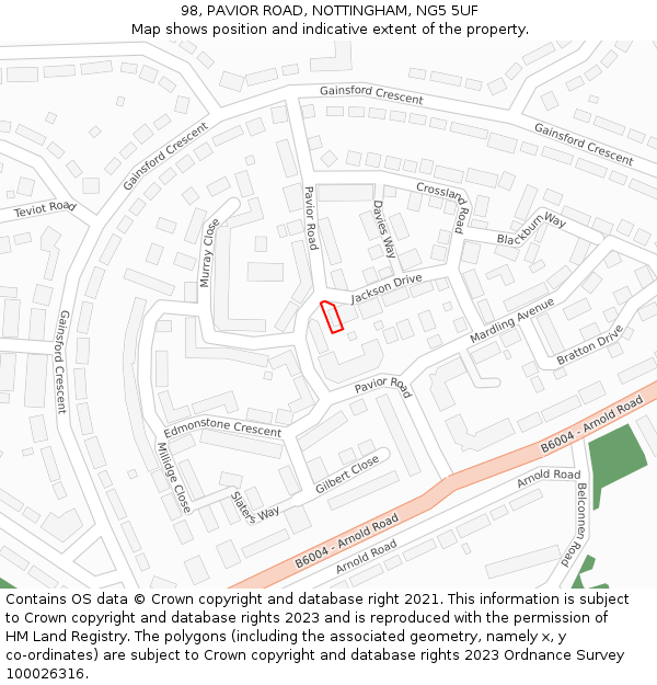 98, PAVIOR ROAD, NOTTINGHAM, NG5 5UF: Location map and indicative extent of plot