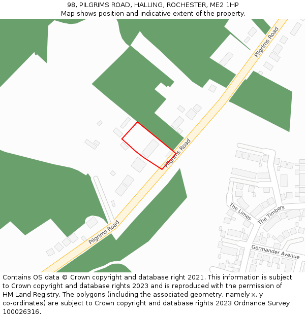 98, PILGRIMS ROAD, HALLING, ROCHESTER, ME2 1HP: Location map and indicative extent of plot