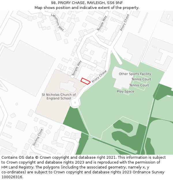 98, PRIORY CHASE, RAYLEIGH, SS6 9NF: Location map and indicative extent of plot