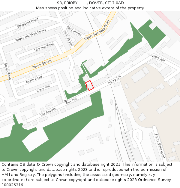 98, PRIORY HILL, DOVER, CT17 0AD: Location map and indicative extent of plot